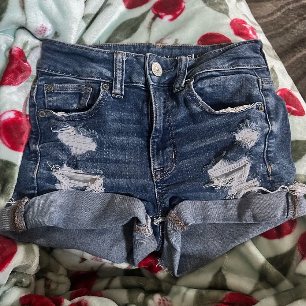 American Eagle Outfitters Dark Blue Distressed Jean Shorts